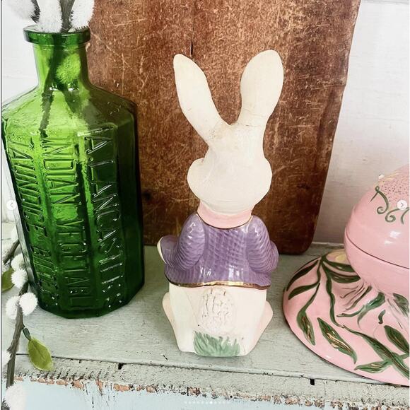 Vintage Easter Bunny Rabbit Statue Figurine Floral Egg Ceramic Atlantic Mold 2pc - Picture 7 of 10